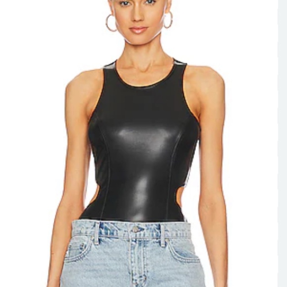 Heartloom Black faux leather Sleeveless cut out Women's bodysuit